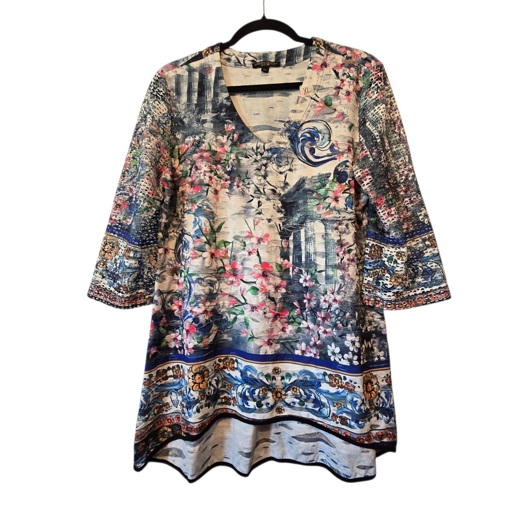 Vintage 90s Y2K Alberto Makali Floral Hi Lo Top Women's XL Perforated Slvs Artsy